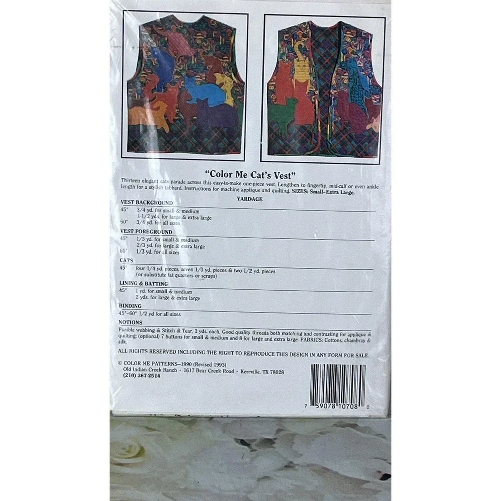 Crazy Cat Lover Vest Pattern 1990-93 Shirley Fowlkes Color Me Cats Lady New #107